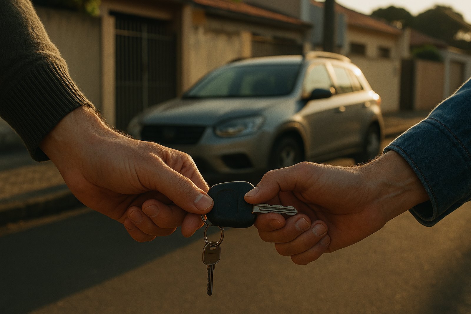 Duas mãos seguram a mesma chave de carro — a troca só se completa com o pagamento liberado.